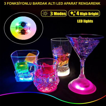 Renkli LED Işıklı Bardak Altlığı Dekoratif ve Şık Tasarım (12 Adet, Pilli)