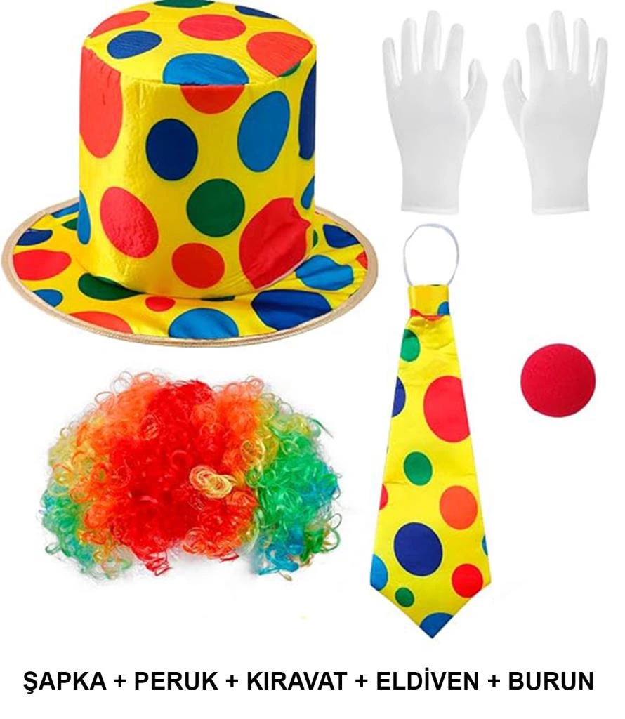 Renkli Palyaço Kostüm Seti 5 Parça Eğlenceli Çocuk Aksesuarı - Görsel 2
