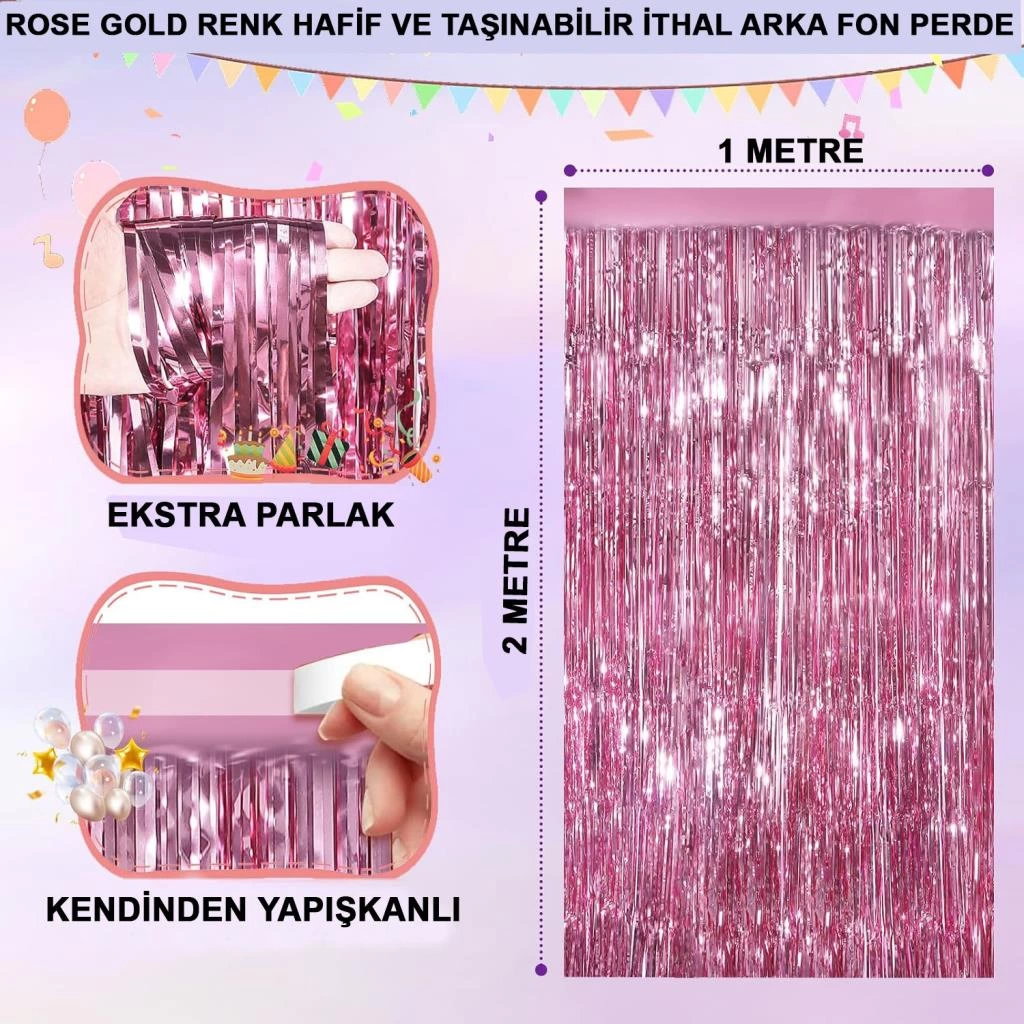 Rose Gold Renk Ekstra Metalize Parlak Saçaklı Arka Fon Perde İthal A Kalite 1x2 Metre - Görsel 2
