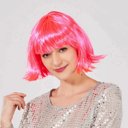 Çocuk Şeker Pembe Renk Parti Peruğu Küt Saç