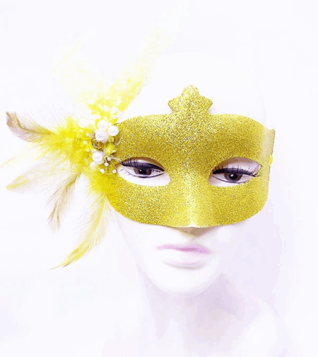 Çocuk Sim İşlemeli İnci Boncuk Detaylı Tüylü Balo Maskesi Altın Renk 13x18 cm