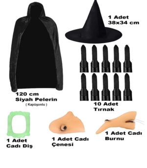 Eğitici Oyuncak Siyah Kapüşonlu Pelerin 120 cm Tırnaklar Diş Çene Burun ve Şapka Seti