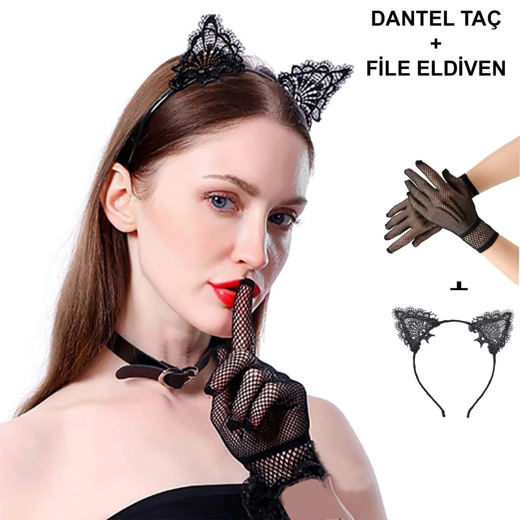 Eğitici Çocuk Siyah Kedi Dantel Taç + Eldiven Seti – Parti, Dans ve Kostüm Kombini - Görsel 2