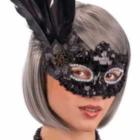 Çocuk   Siyah Payetli Pullu Siyah Renk Yandan Tüylü Parti Maskesi 18x22 cm