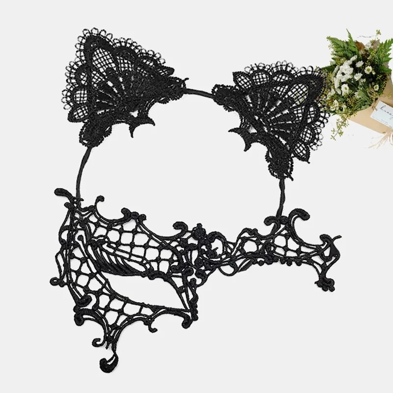 Çocuk Siyah Renk Dantel Maske ve Dantel Kulak Taç Seti Yetişkin No 13