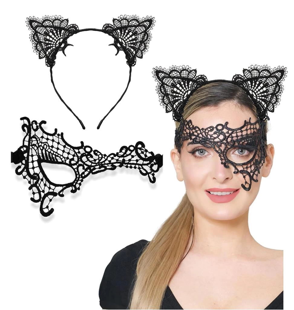 Çocuk Siyah Renk Dantel Maske ve Dantel Kulak Taç Seti Yetişkin No 13 - Görsel 2