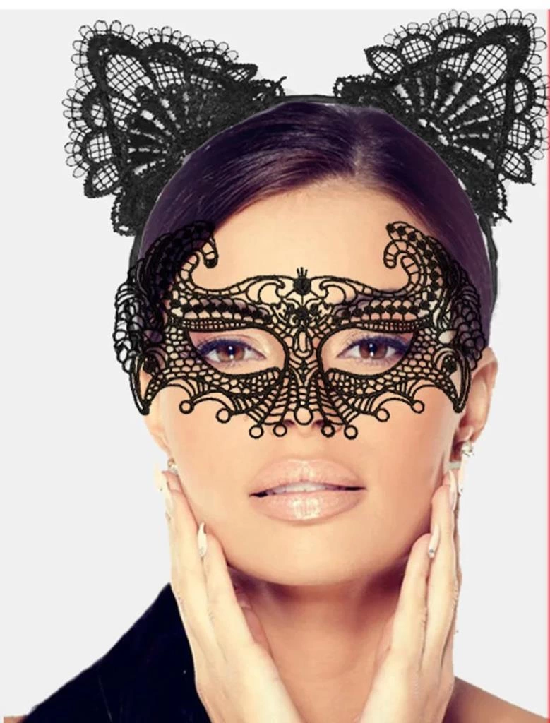 Çocuk Siyah Renk Dantel Maske ve Dantel Kulak Taç Seti Yetişkin No 4 - Görsel 2