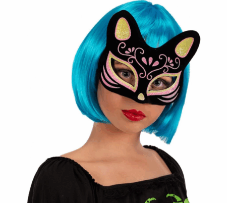 Çocuk Siyah Renk Süet Kaplama Üzeri Sarı Pembe Simli Kedi Maskesi 17x14 cm