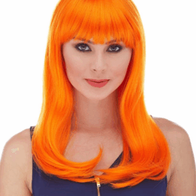 Turuncu Uzun Düz Parti Peruğu Canlı Renkli Eğlenceli Kostüm Aksesuarı