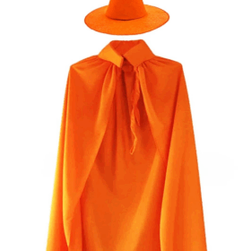 Yetişkin Boy 120 cm Turuncu Yakalı Pelerin ve Turuncu Cadı Şapkası