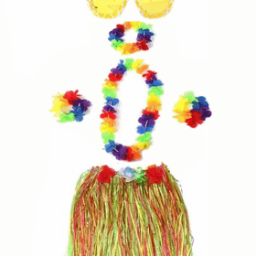 Yetişkin ve Çocuk Uyumlu Luau Aloha Hawaii Rengarenk 40 cm Etek Ananas Şekilli Gözlük Hawaii Kolye Renkli Taç ve 2 Adet Bileklik Seti