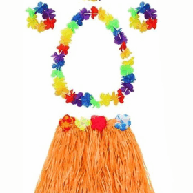 Yetişkin ve Çocuk Uyumlu Luau Aloha Hawaii Turuncu Etek ve Renkli Kolye Taç 2 Adet Bileklik Seti