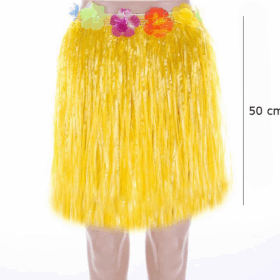 Yetişkin ve Çocuk Uyumlu Sarı Renk Püsküllü Hawaii Luau Hula Etek 50 cm