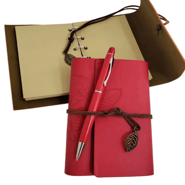 Özel Ahşap Kutulu Kırmızı Deri Defter Ve Kalem Set - Görsel 2