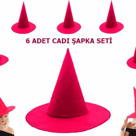Pembe Fuşya Renk Keçe Cadı Şapkası Yetişkin Çocuk Uyumlu 6 Adet