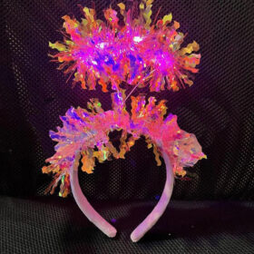 Pembe Renk Pembe Işıltılı Püsküllü Led Işıklı Parlak Hologramlı Taç 25x12 cm (K0)