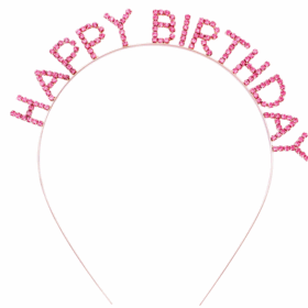 Pembe Renk Kristal Taşlı Gold Renk Kaplama Happy Birthday Taç 16x17 cm (K0)