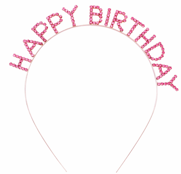 Pembe Renk Kristal Taşlı Gold Renk Kaplama Happy Birthday Taç 16x17 cm (K0)
