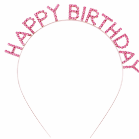 Pembe Renk Kristal Taşlı Gold Renk Kaplama Happy Birthday Taç 16x17 Cm