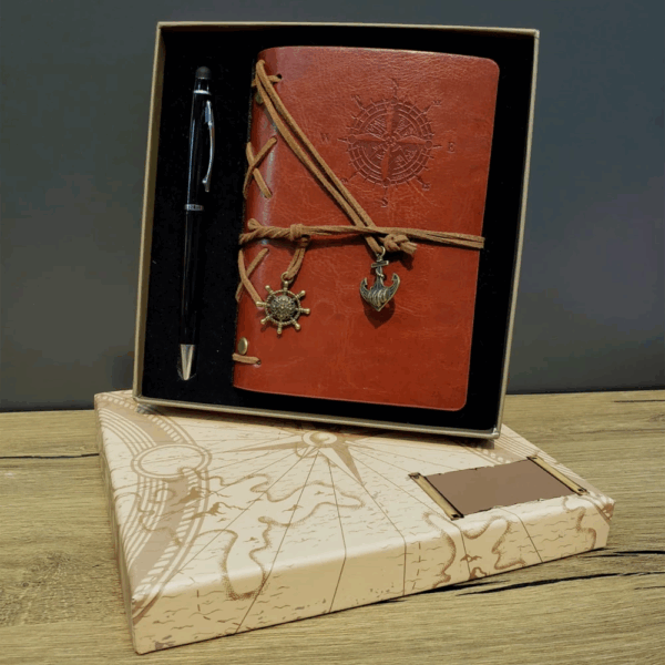 Pusula Baskılı Deri Defter Kalem Seti