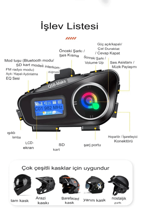 Q58-max Radyolu 2 Kişi Bağlantılı Bluetooth Kask Kulaklık Ekranlı Fenerli Müzik Ve Telsiz Intercom - Görsel 2