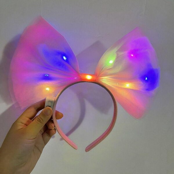 Rengarenk Led Işıklı Fiyonk Şekilli Tül Parti Tacı Pembe Renk 25x25 cm (K0) - Görsel 2