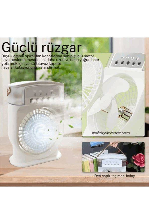 Şarjlı 600 Ml Su Hazneli Taşınabilir Masaüstü Vanilatör  Güçlü Fan Ve 2000 Mah Pil Beyaz - Görsel 3