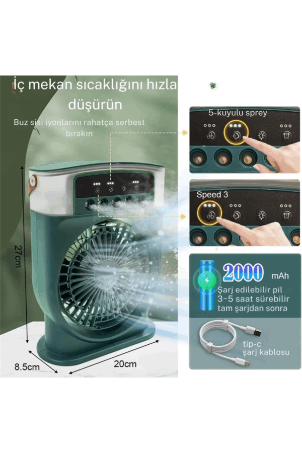 Şarjlı 600 Ml Su Hazneli Taşınabilir Masaüstü Vanilatör  Güçlü Fan Ve 2000 Mah Pil Beyaz - Görsel 4