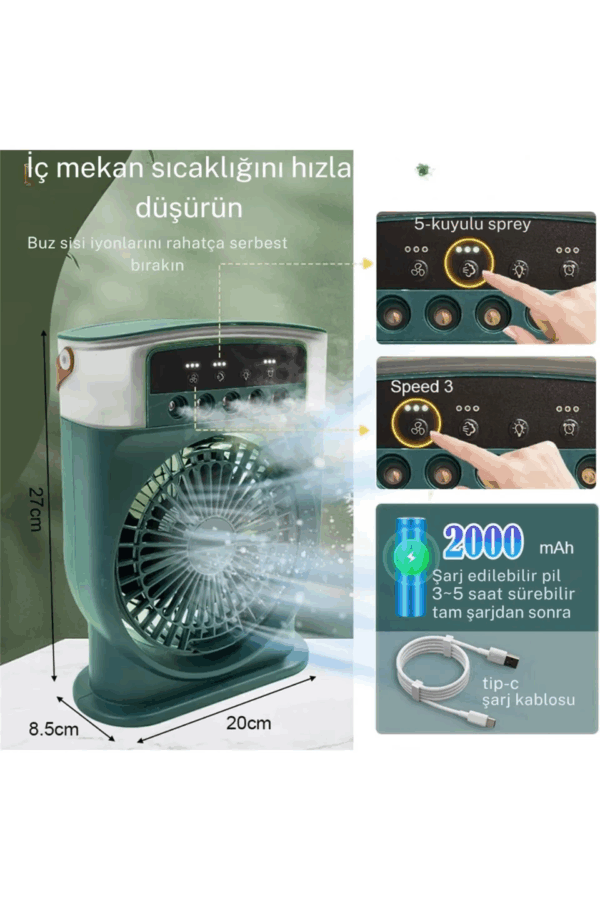 Şarjlı 600 Ml Su Hazneli Taşınabilir Masaüstü Vanilatör  Güçlü Fan Ve 2000 Mah Pil Yeşil - Görsel 3