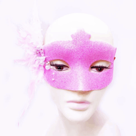 Sim İşlemeli İnci Boncuk Detaylı Tüylü Balo Maskesi Pembe Renk 13x18 Cm