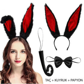 Siyah Kırmızı Renk Peluş Tavşan Kulak Papyon Kuyruk Yetişkin Boy (K0)