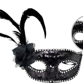 Siyah Renk Yandan Tüylü Güllü Gümüş Taşlı Pullu Maske 20x22 cm (K0)