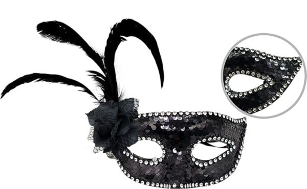Siyah Renk Yandan Tüylü Güllü Gümüş Taşlı Pullu Maske 20x22 cm (K0)