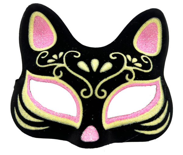 Siyah Renk Süet Kaplama Üzeri Pembe Sarı Simli Kedi Maskesi 17x14 cm (K0)