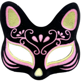 Siyah Renk Süet Kaplama Üzeri Sarı Pembe Simli Kedi Maskesi 17x14 cm (K0)