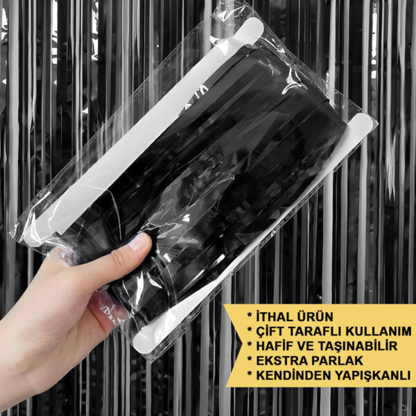 Siyah Renk Ekstra Metalize Parlak Saçaklı Arka Fon Perde İthal A Kalite 1x2 Metre (K0) - Görsel 5