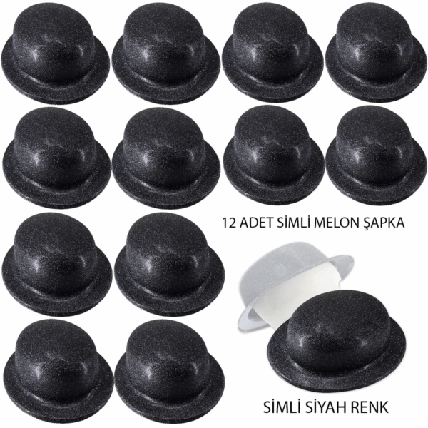 Siyah Renk Simli Melon Yulak Parti Şapkası 12 Adet