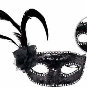 Siyah Renk Yandan Tüylü Güllü Gümüş Taşlı Pullu Maske 20x22 Cm