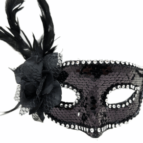 Siyah Renk Yandan Tüylü Güllü Gümüş Taşlı Pullu Maske 20x22 Cm