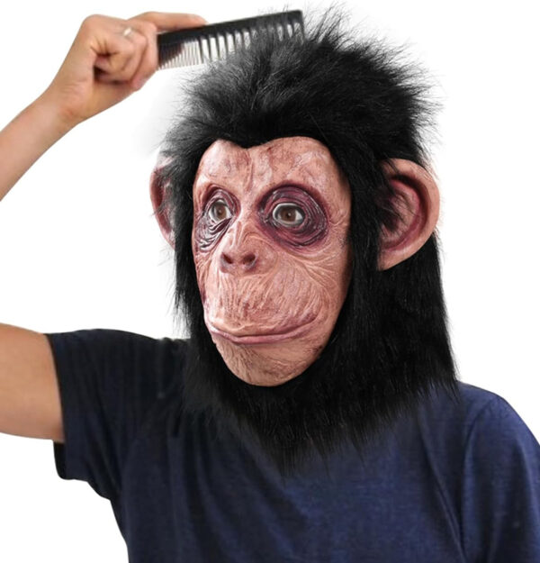 Siyah Saçlı Kafaya Tam Geçmeli Lateks Şempanze Maskesi - Lateks Maymun Orangutan Goril Maske Et Maske (K0)