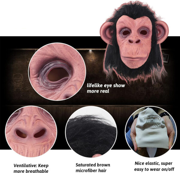 Siyah Saçlı Kafaya Tam Geçmeli Lateks Şempanze Maskesi - Lateks Maymun Orangutan Goril Maske Et Maske (K0) - Görsel 4