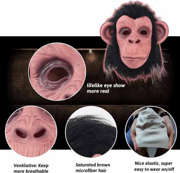 Siyah Saçlı Kafaya Tam Geçmeli Lateks Şempanze Maskesi - Lateks Maymun Orangutan Goril Maske Et Maske - Görsel 4