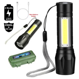 Su Geçirmez Şarjlı El Feneri 2500 Lumens + 5W COB LED USB Lion Şarjlı Ultra Güçlü Q5 XPE (K0)