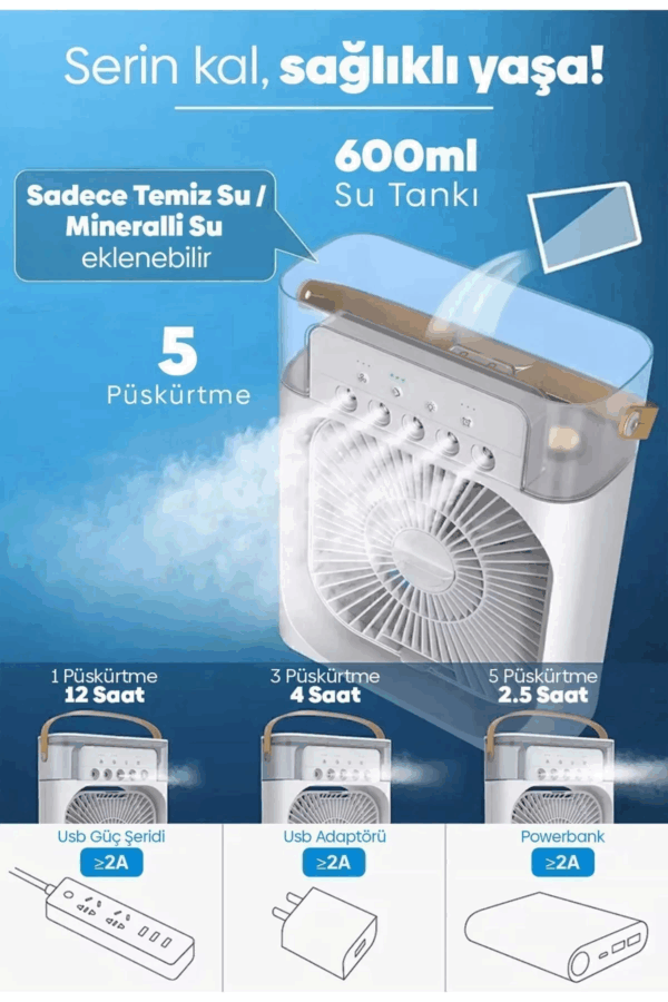 Taşınabilir Işıklı 5 Spreyli Vantilatör Buzlu Buharlı Vantilatör Mini Fan Nemlendirici - Görsel 2