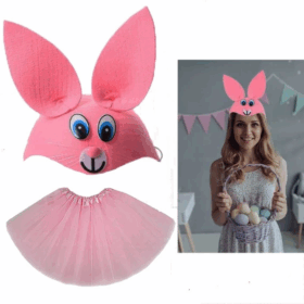 Tavşan Kostümü Pembe - 23 Nisan Tavşan Şapka Ve Tütü Etek Seti 2 Parça
