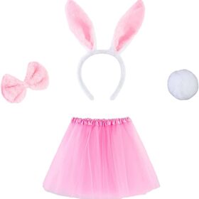 Tavşan Tacı Eteği Papyonu ve Kuyruk Kostüm  Seti Pembe Renk Çocuk Boy (K0)