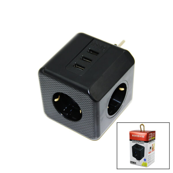 TERMAL AKIM KORUMALI  3X PRİZ 3X USB DUVAR TİPİ PRİZ SİYAH 10A - 2500W (K0)