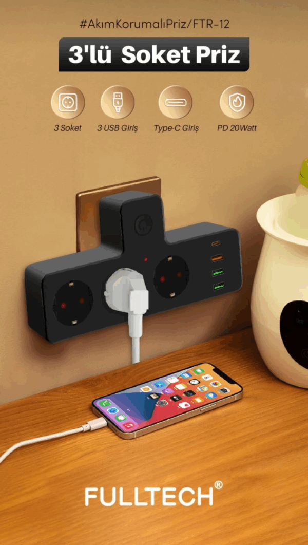Ftr-12 Termal Akım Korumalı Isıya Dayanıklı 3’lü Priz 3x Usb 1x Type-c - Görsel 2