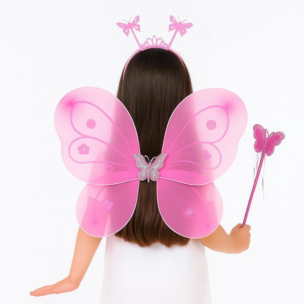 Toz Pembe Kelebek Kanadı Tacı ve Sopası Çocuklar İçin Parti Aksesuarı 50x37 cm - Görsel 5
