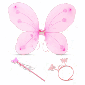 Pembe Kelebek Kız Seti – 50 Cm Kelebek Kanadı, Taç Ve Asa
